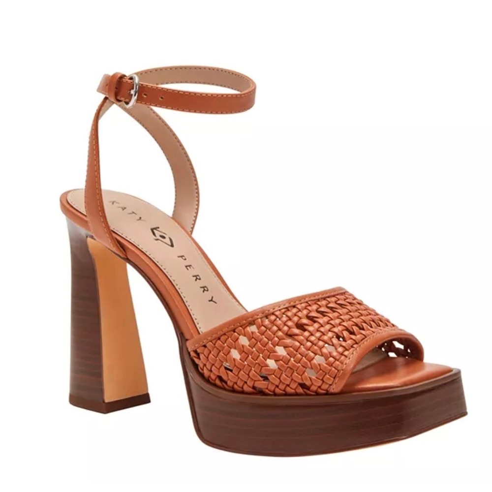 Katy Perry Steady Ankle Strap Sandals 10 Brown Open Weave Platform Bohemian NIB